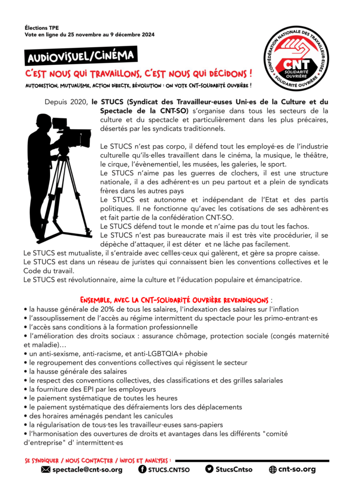 TPE 2024 Travailleur.se.s de la Culture, dans le Cinéma et le Spectacle Vivant, votez pour la CNT-SO