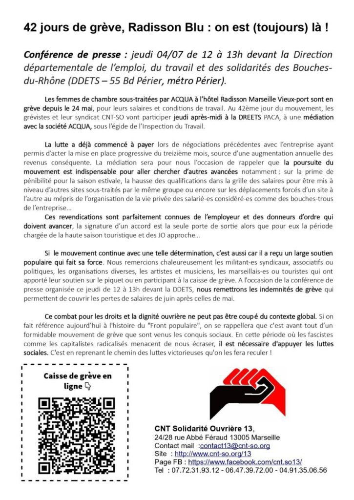 Plus de 40 jours de grève pour nos camarades de Marseille du Radisson Blu