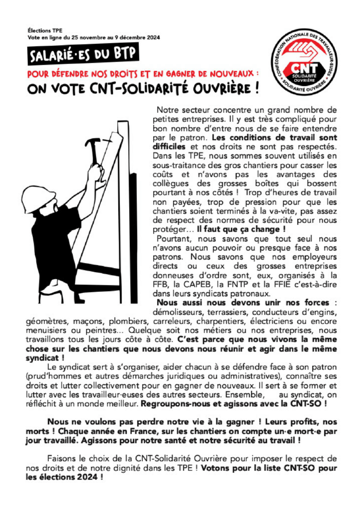 Élections TPE 2024 Salarié.e.s du Bâtiment et Travaux Publics (BTP)