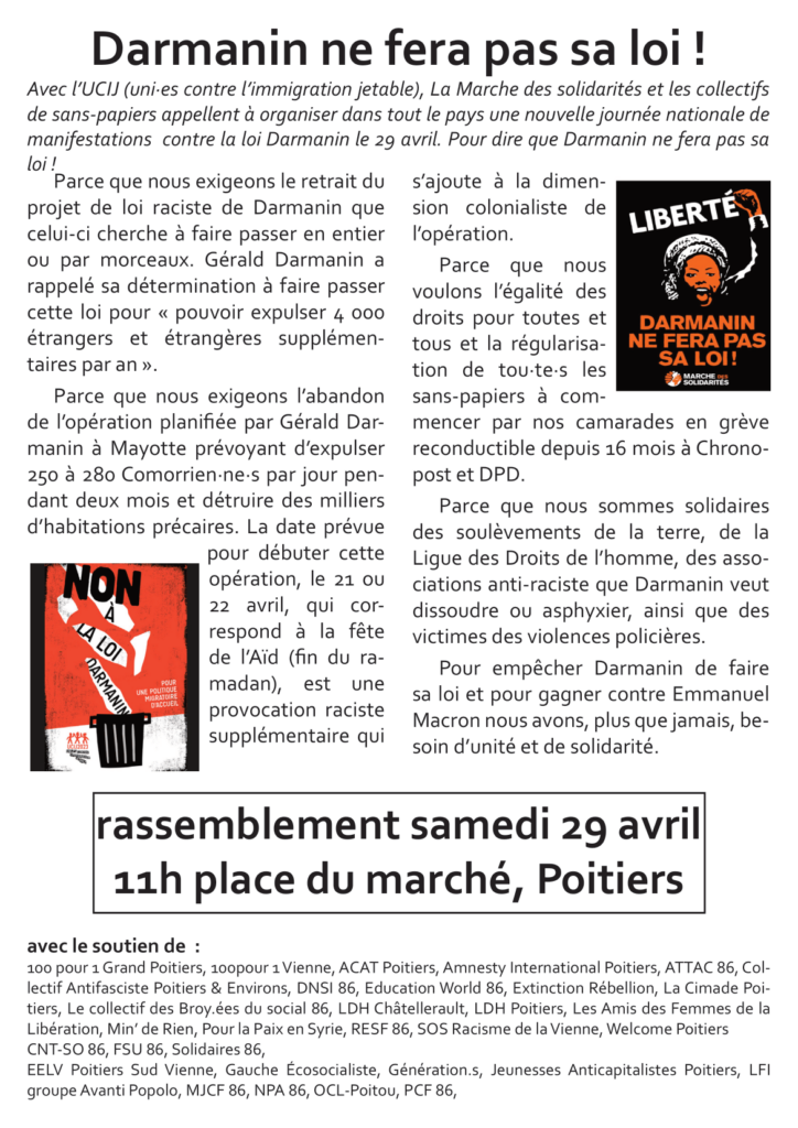 Contre la chasse aux immigrées, rassemblement le 29 avril 11h place du marché